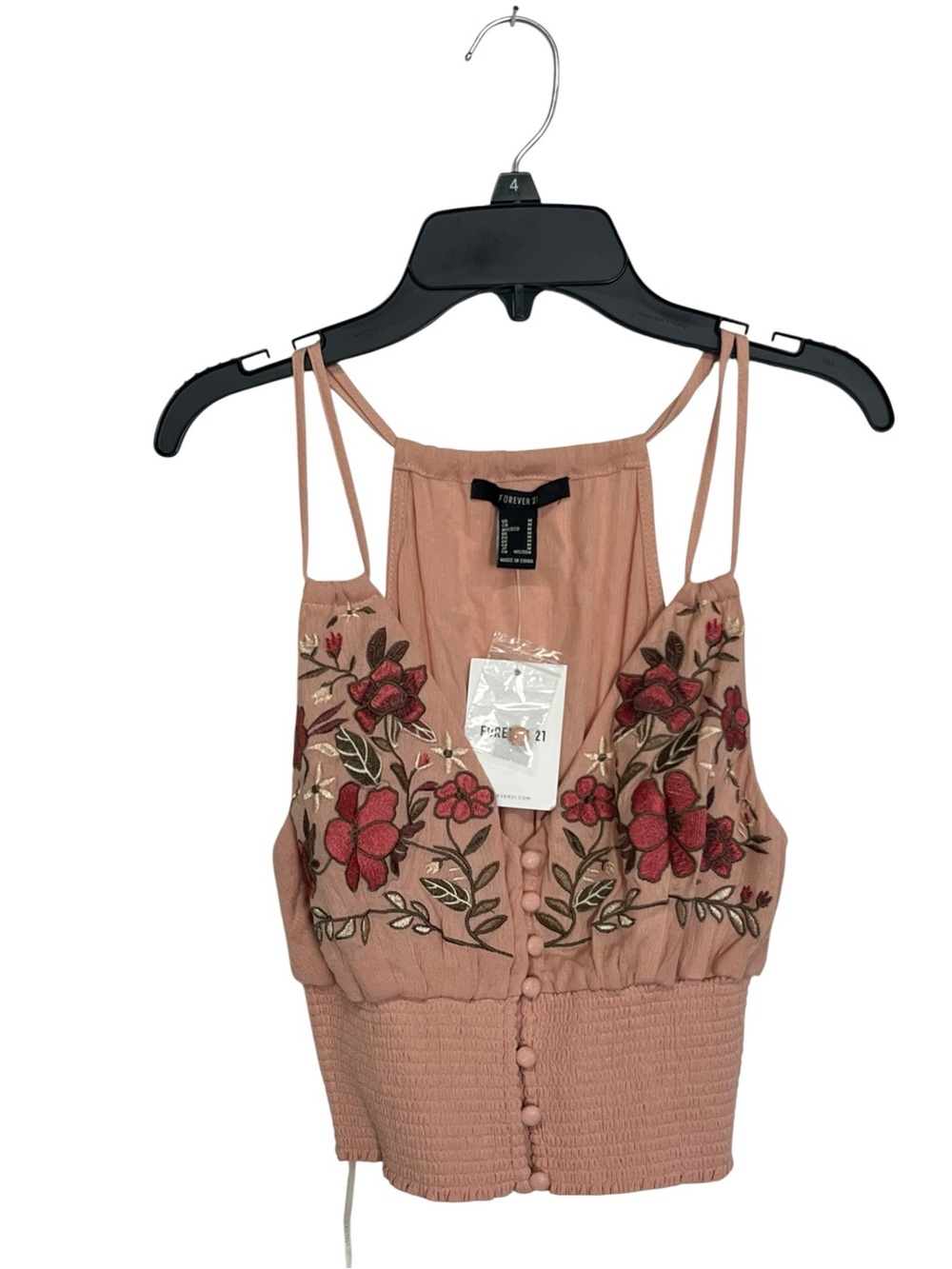 NWT Forever 21 | Boho Floral Embroidered Smocked Crop Top in Pink M